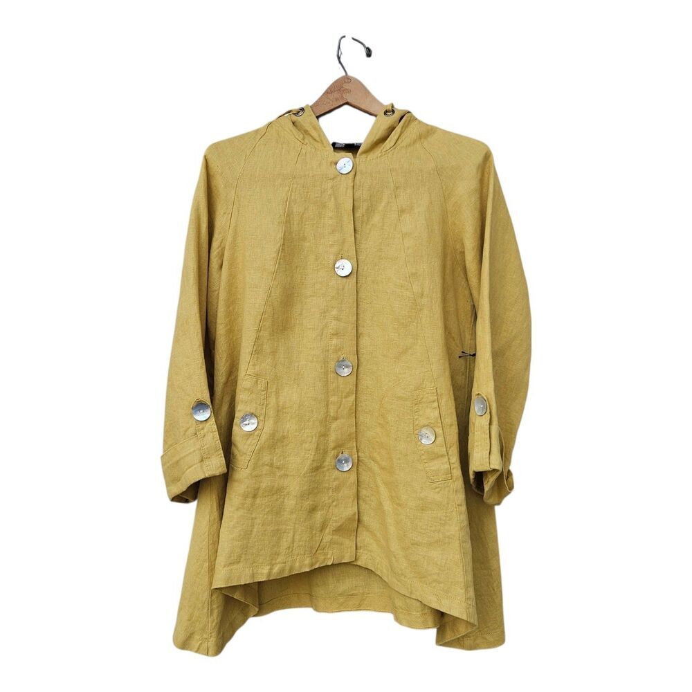 Jones New York 100% Linen Hooded Jacket Shell Button Med Lagenlook Artsy Yellow